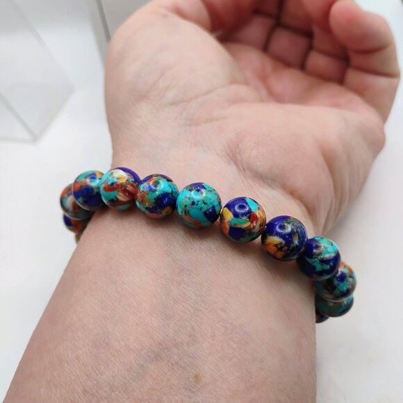 Spiny Oyster Turquoise Lapis Mosaic Composite Royal Blossom Stone Bead Bracelet - Picture 4 of 7